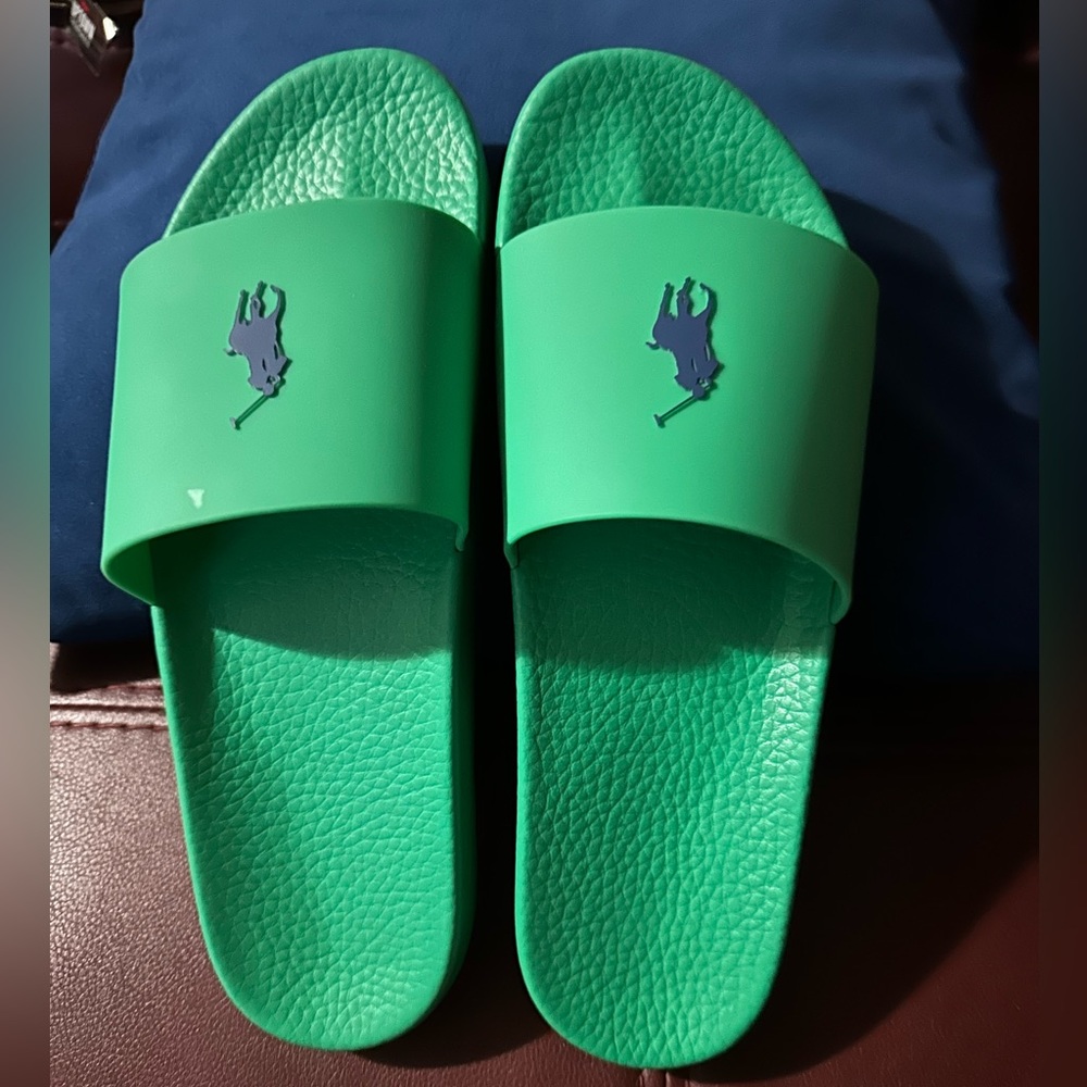 NWT Ralph Lauren Polo slides, green, size 14